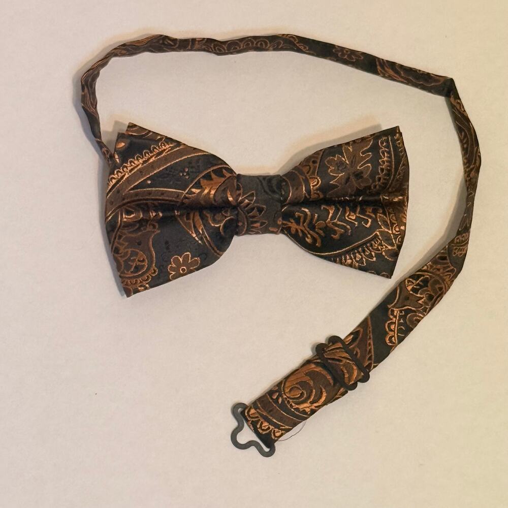 Brand New Black Copper Paisley Bow Tie Pocket Square & Cufflinks 3-Piece Set